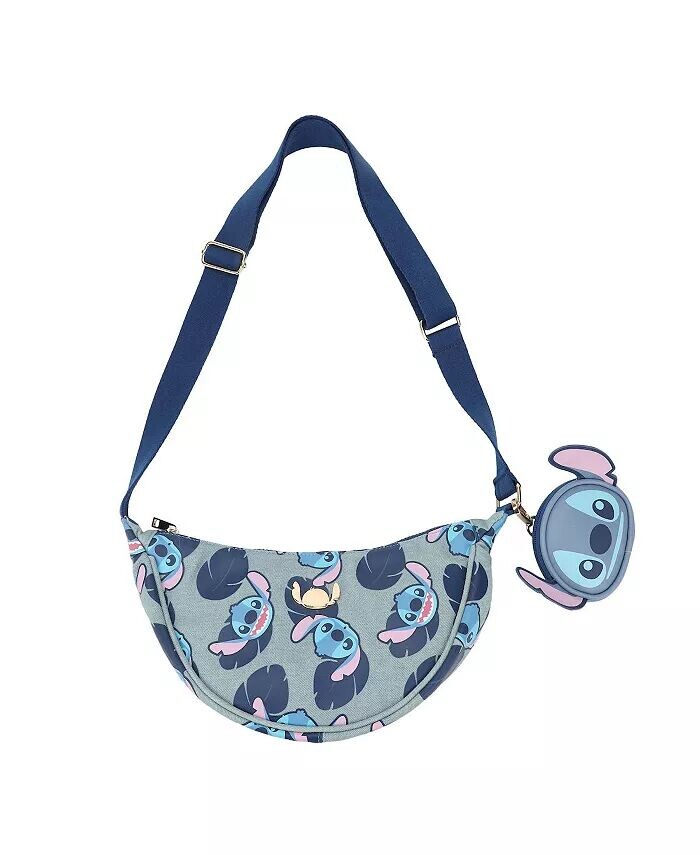 

Сумка-слинг через плечо с принтом головы персонажа Stitch длиной 28 см и съемным карманом для монет Disney, серебряный