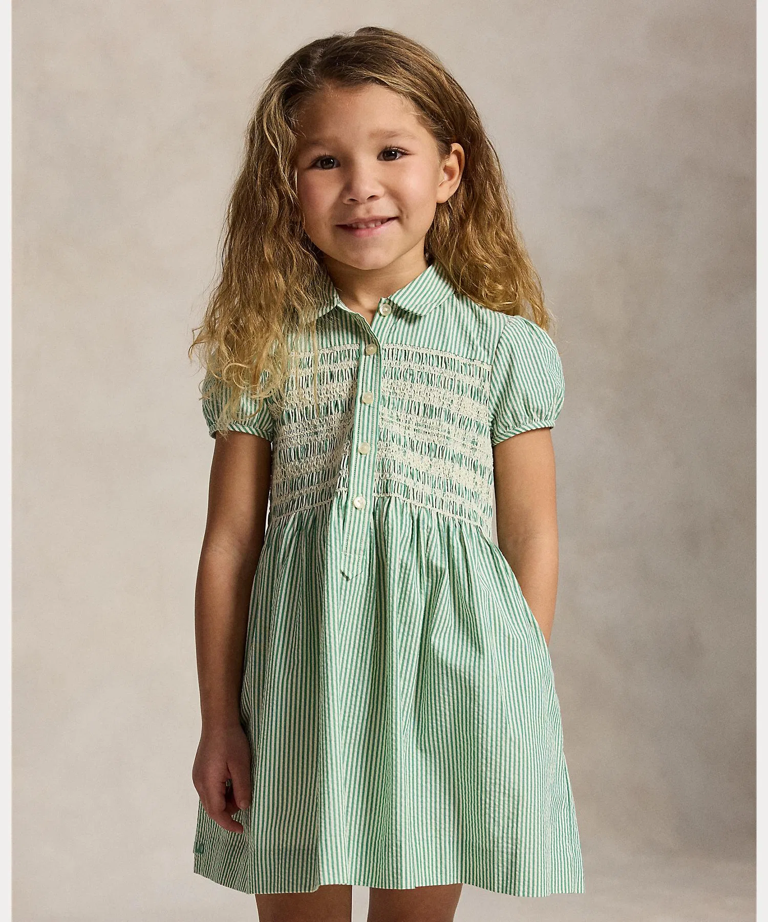 Детское хлопковое платье POLO RALPH LAUREN CHILDRENSWEAR в полоску бежевое — фото 4