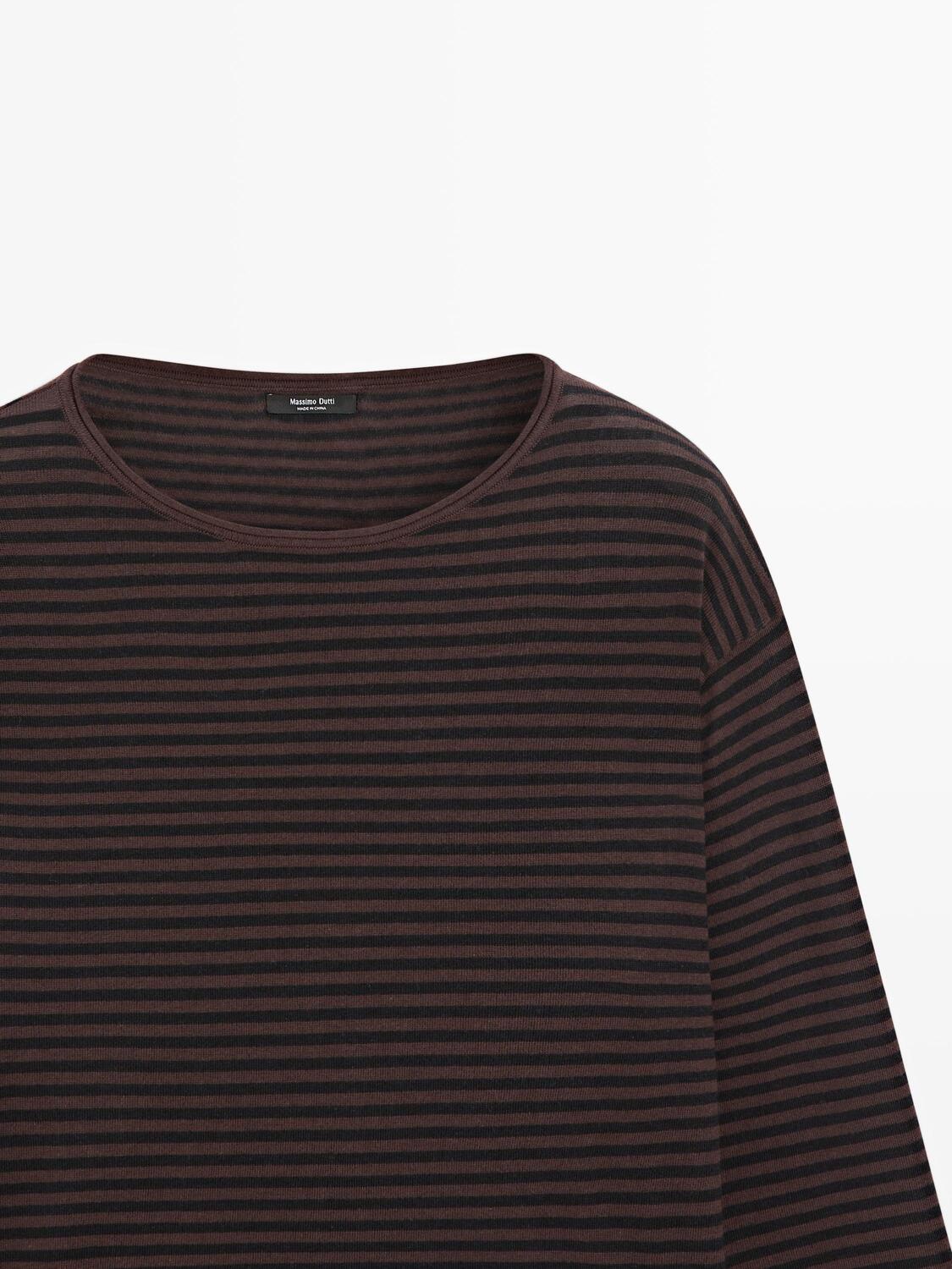 Вязаный свитер в полоску из хлопковой смеси Massimo Dutti, brown — фото 4