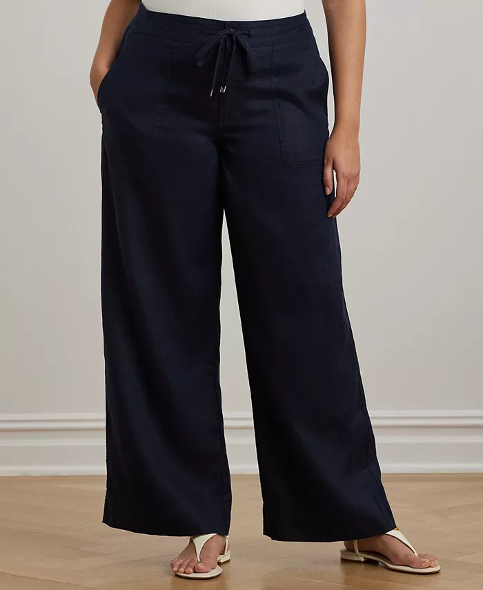 

Брюки из льна на шнурке Plus Size Lauren Ralph Lauren, синий