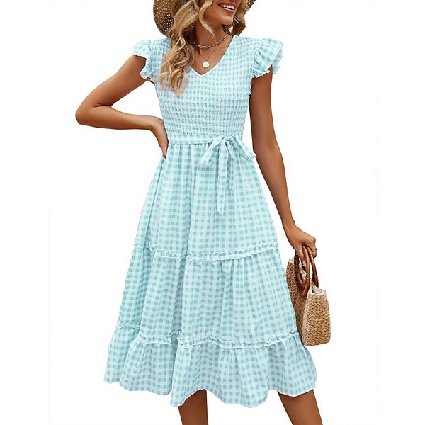 

Женское летнее платье макси с v-образным вырезом и коротким рукавом Kojooin, Light Blue Plaid