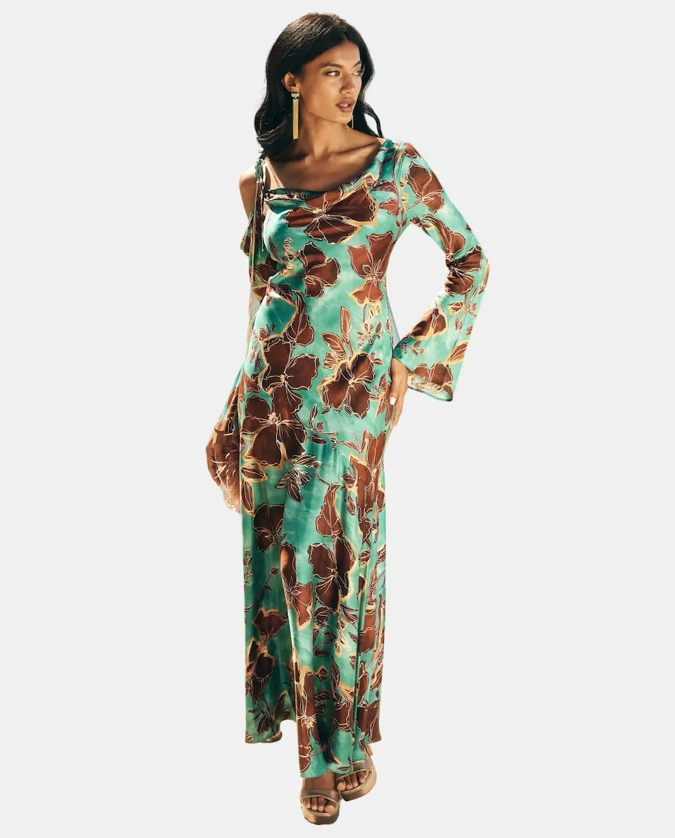 

Платье миди с принтом и открытыми плечами MIPHAI, бирюзовый