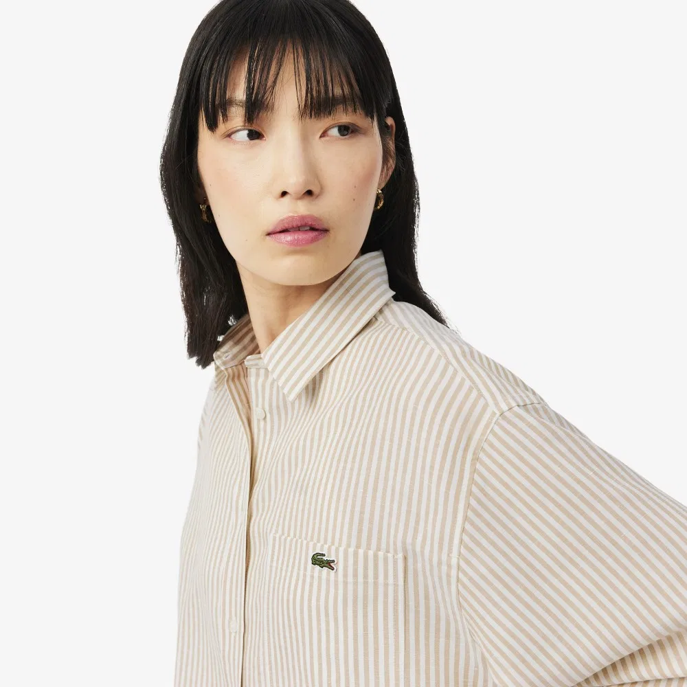 Рубашка Lacoste Полосатая из льна и хлопка, Розовая — фото 2