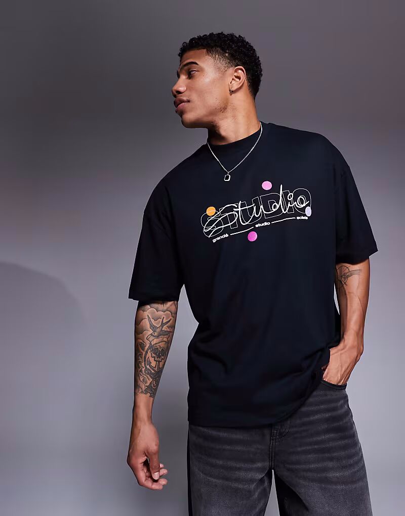 

Футболка ASOS DESIGN свободного кроя с текстовой графикой черного цвета