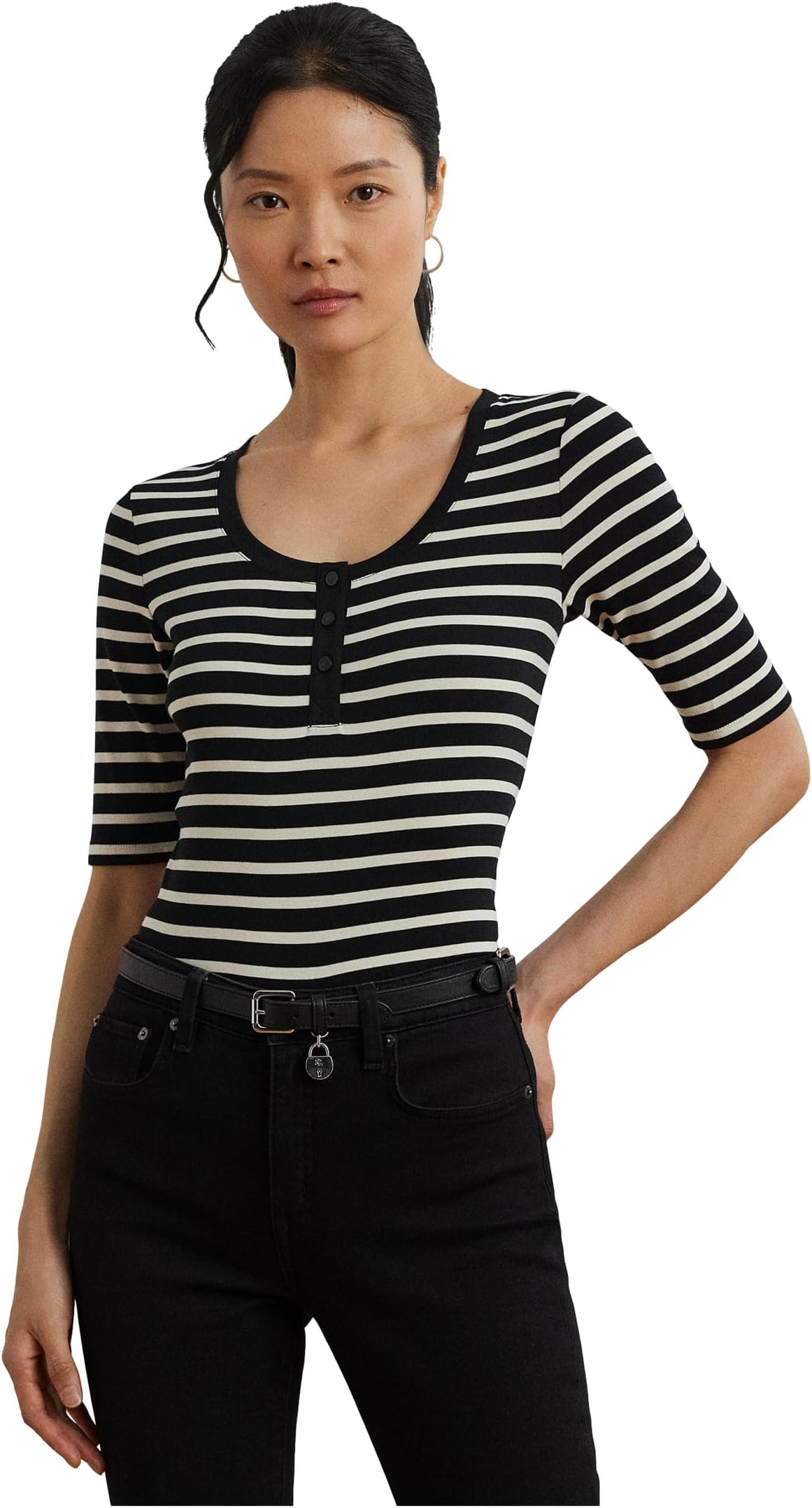 

Топ Lauren Ralph Lauren Striped Elbow-sleeve Henley Top, цвет Black/Mascarpone Cream