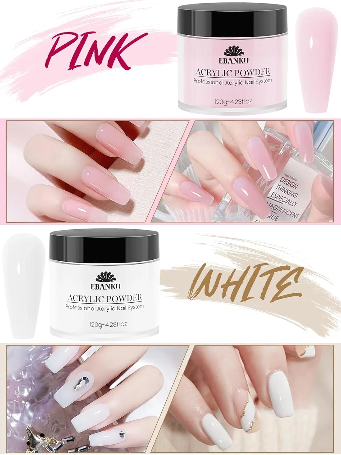 Набор акриловой пудры для ногтей «4 Colors» от EBANKU, 480 г Ebanku, Transparent, Pink, White, Nude — фото 3
