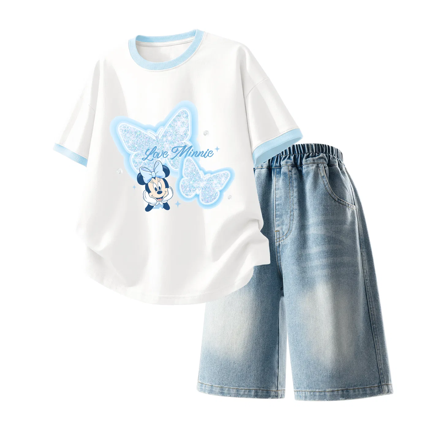 Детская повседневная спортивная футболка с круглым вырезом Disney, Bright and Sparkling Cream Blue+Solid Color Denim Blue