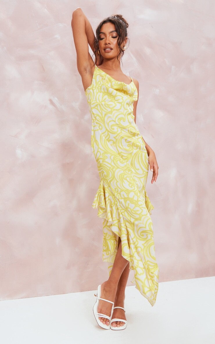 

PrettyLittleThing Атласное платье макси с капюшоном и оборкой лимонного цвета, Желтый, PrettyLittleThing Атласное платье макси с капюшоном и оборкой лимонного цвета