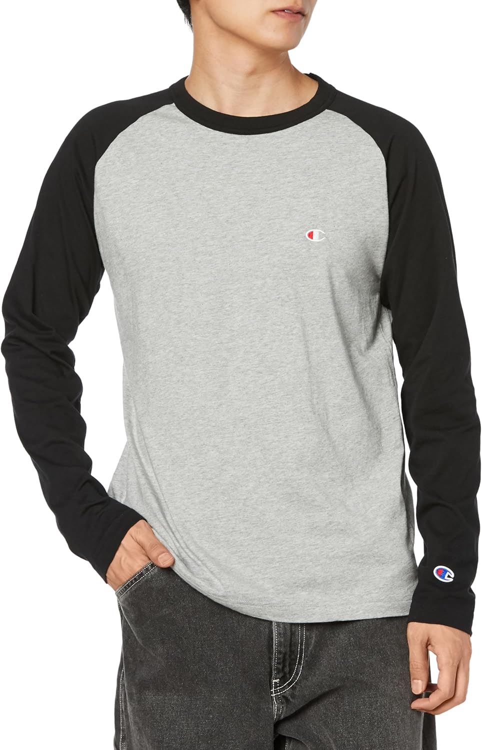 

Мужская футболка Champion C3-P402Z с длинными рукавами, 100% хлопок, классический дизайн, рукава реглан, вышитый логотип, футболка с длинными рукавами реглан, черный/серый