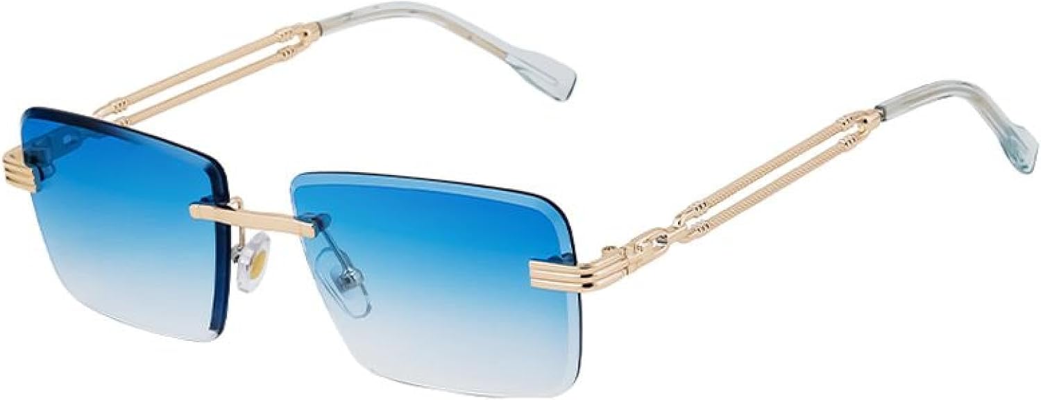 

Классические маленькие прямоугольные солнцезащитные очки без оправы для мужчин, роскошные винтажные очки без оправы для активного отдыха, защита от УФ-излучения UV400 для мужчин TYUVIVO, C5goldgradientbule