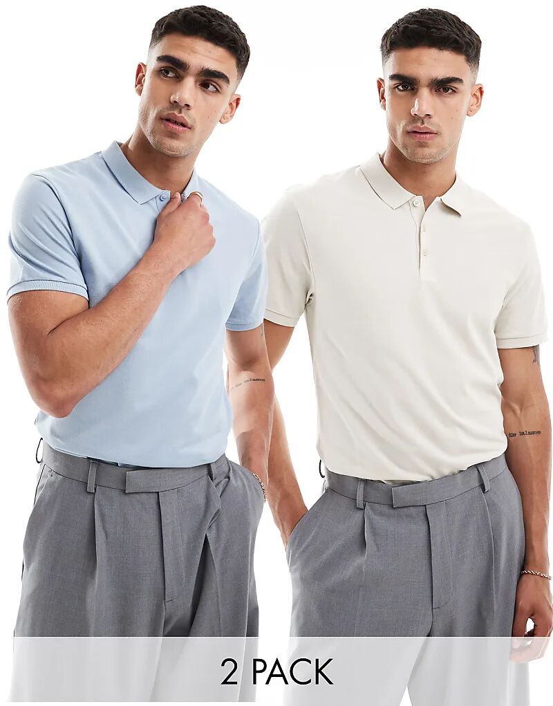 

ASOS DESIGN, набор из 2 рубашек-поло из пике бежевого и светло-голубого цветов