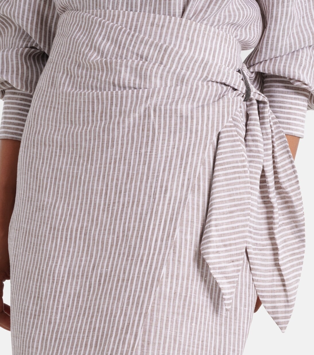 Юбка-халат из льна в полоску Brunello Cucinelli, Brown And White — фото 4