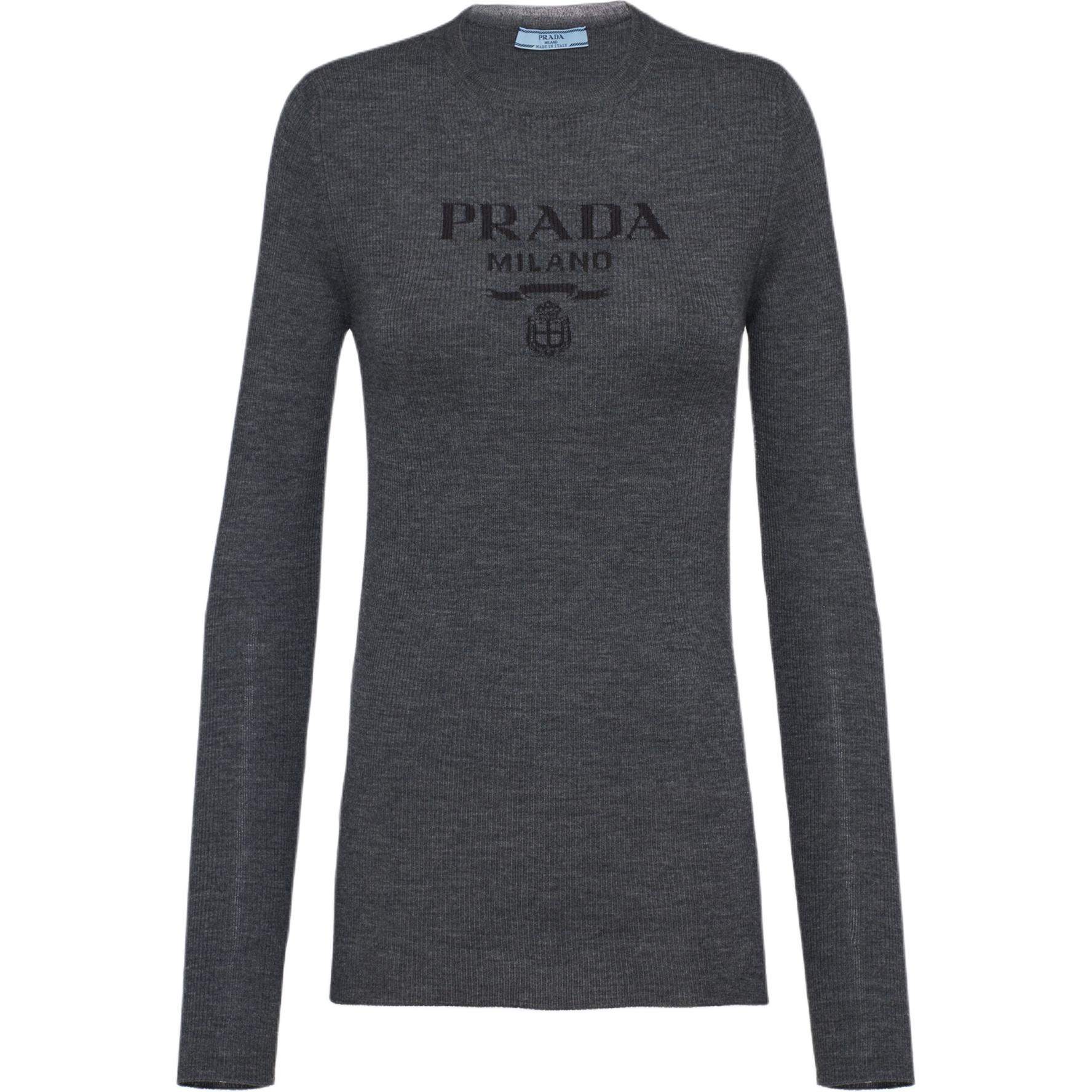 

Шерстяной джемпер с интарсией логотипа PRADA, темно-серый
