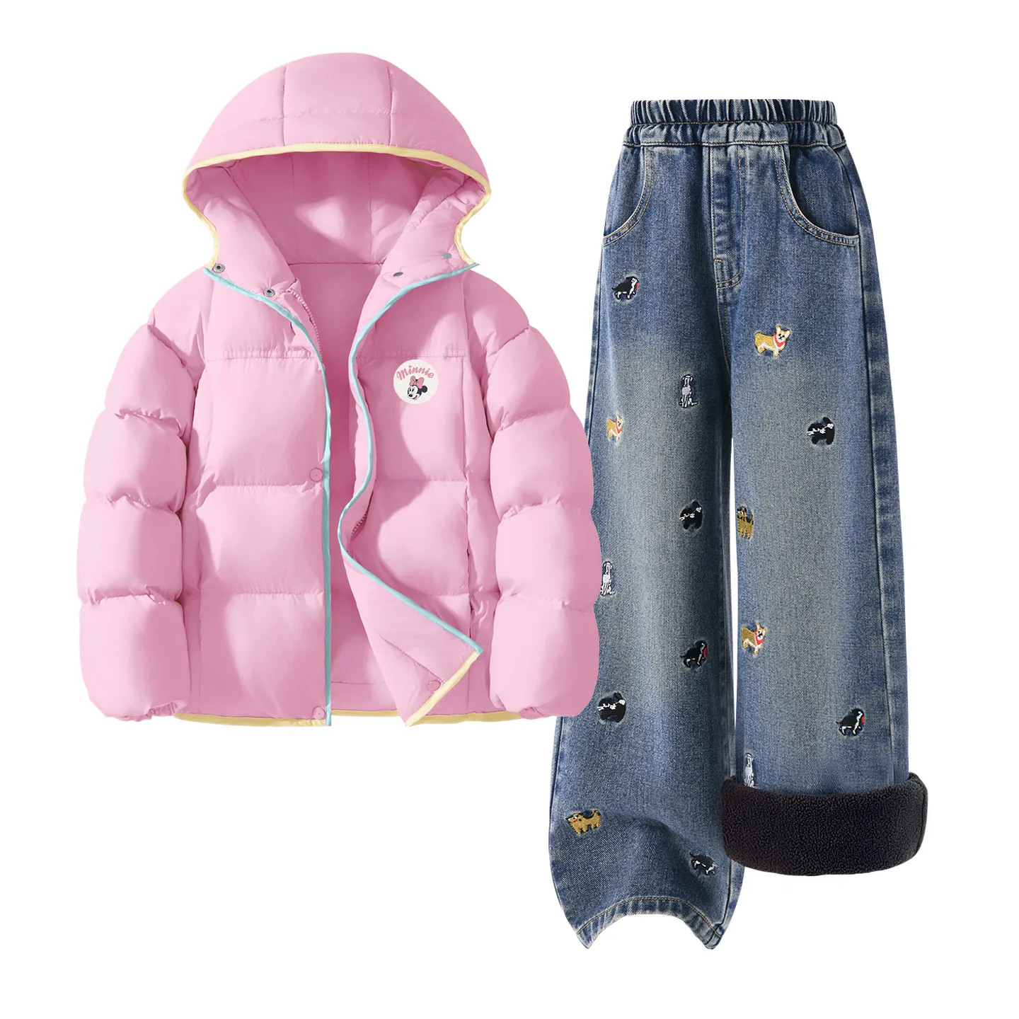 Детский спортивный костюм с круглым вырезом Disney, [Thickened and Fleece-Lined]Dini Round Hook-and-Loop K Honey Powder+Solid Color Denim Blue