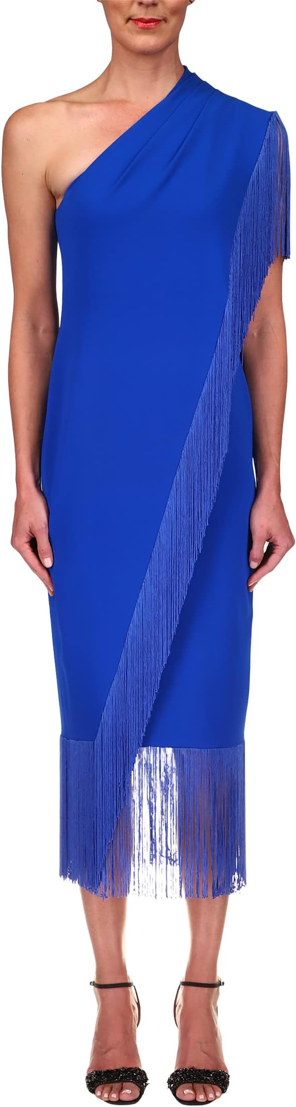 

Платье Badgley Mischka Stretch Crepe Fringe Dress, цвет Mediterranean Blue