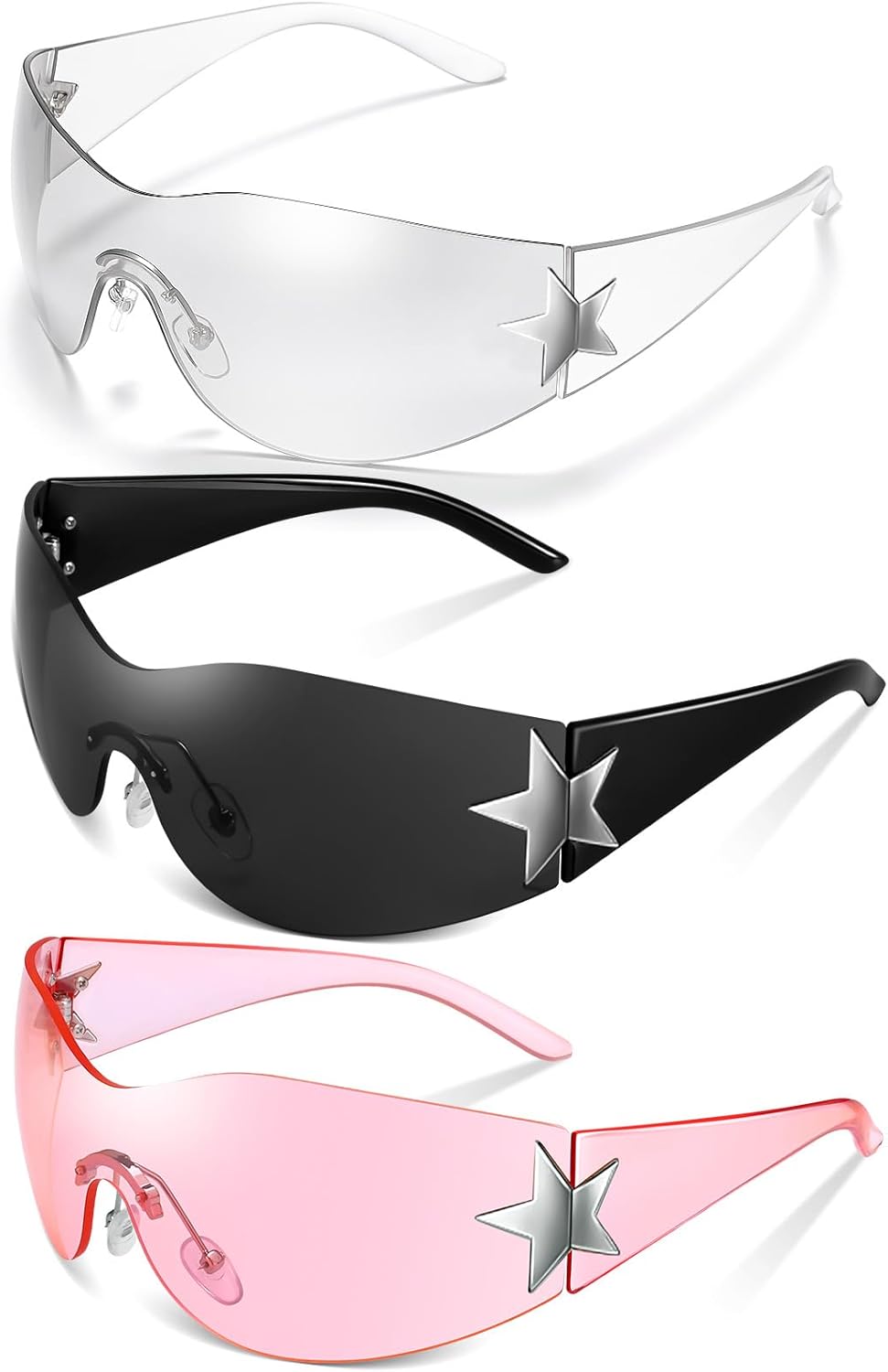 

3 пары солнцезащитных очков Y2K для женщин и мужчин, модные солнцезащитные очки-щитки с обтекаемой формой, большие модные безрамочные очки Ovveroche, Black, Pink, Transparent Sliver