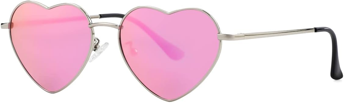 

Поляризованные солнцезащитные очки в форме сердца для женщин, металлическая оправа, милые и очаровательные очки, 100% защита от УФ-излучения Gleyemor, Silver/Rosepink Mirror