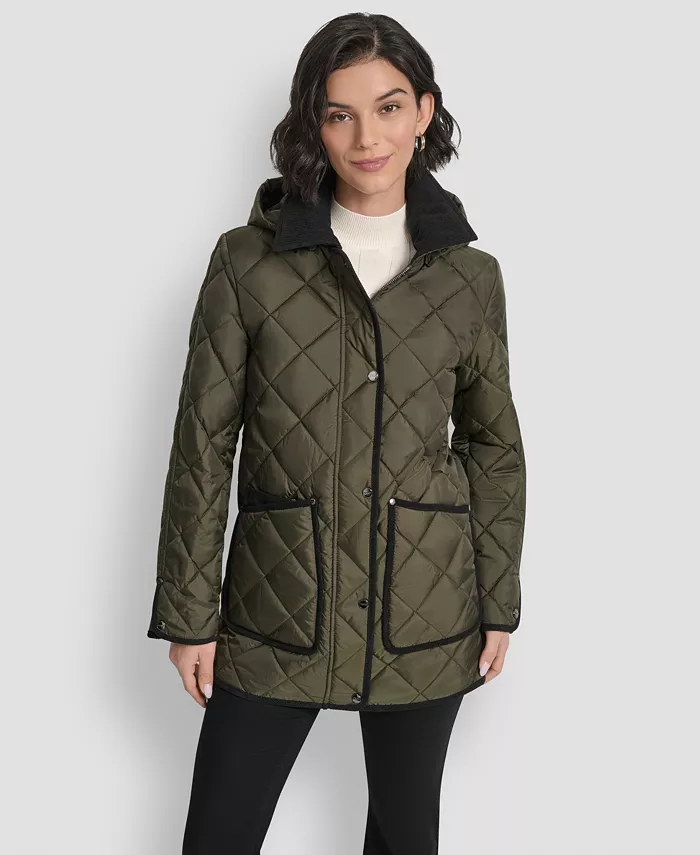 

Женское стеганое пальто с вельветовым воротником и капюшоном DKNY, зеленый