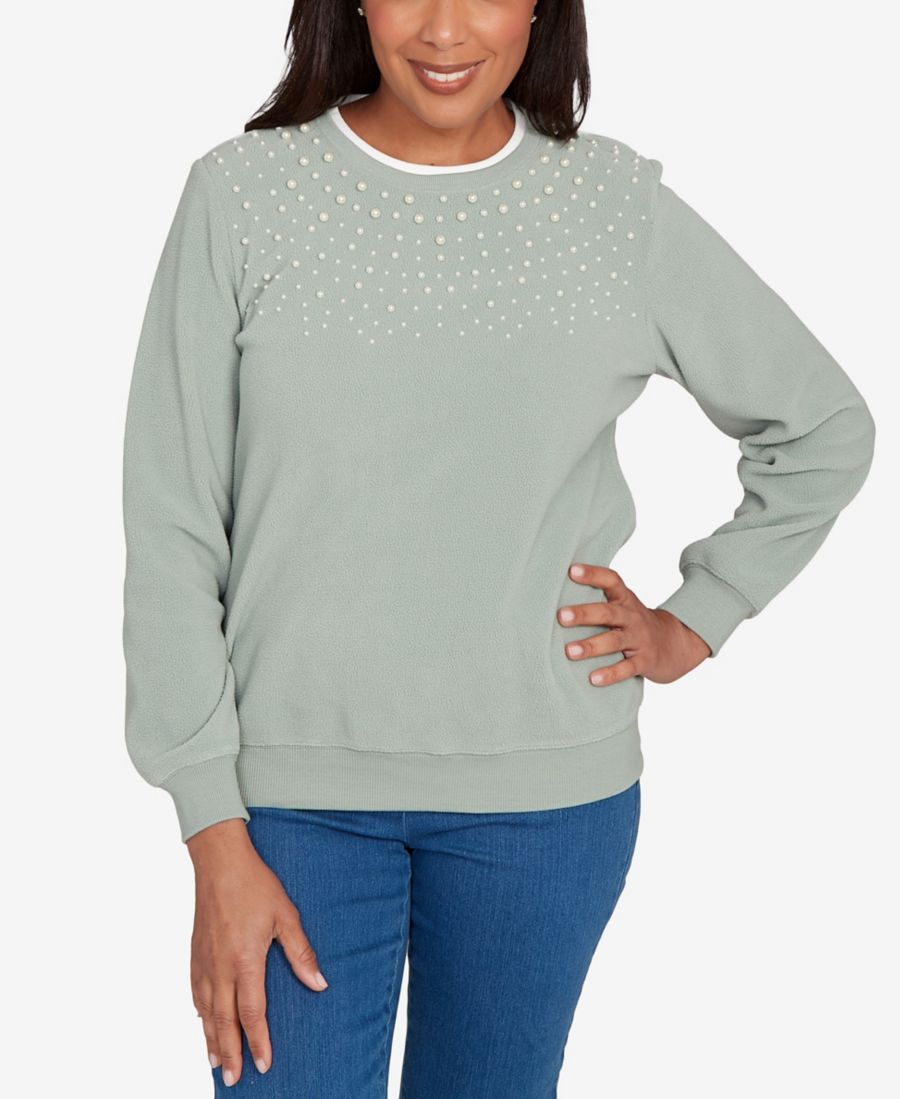 

Классическая женская блузка с круглым вырезом и декором, предотвращающая образование катышков Alfred Dunner, Sage