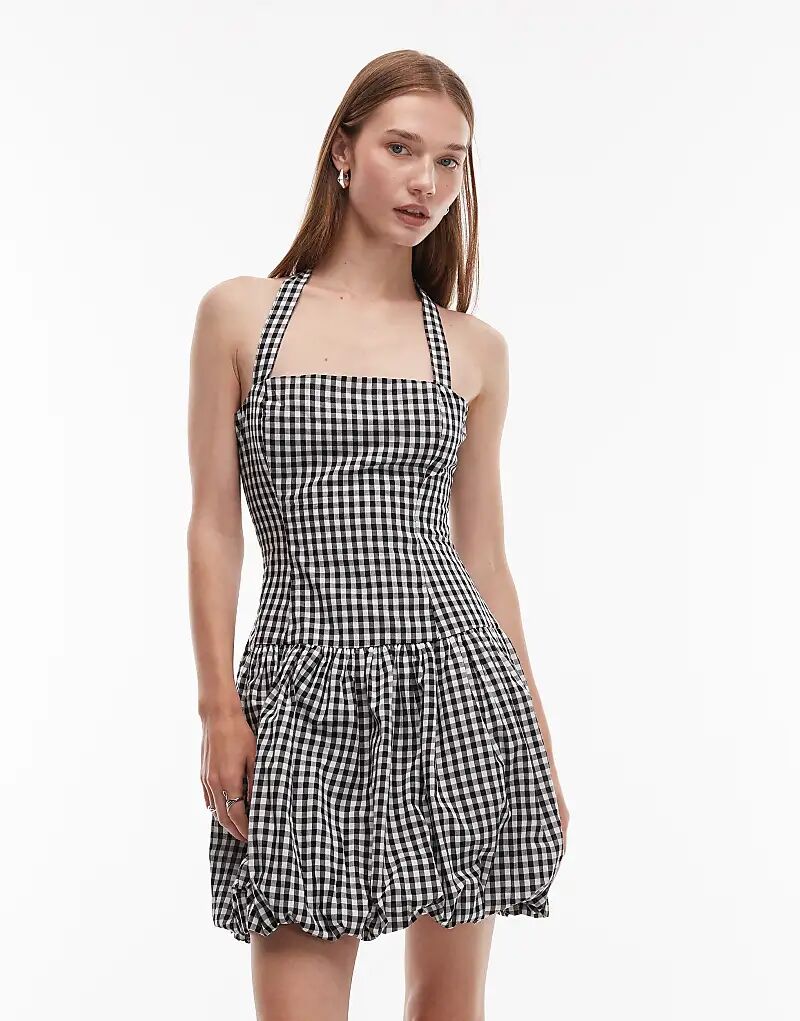 

Мини-платье COLLUSION с завязками на шее и воротником-халтером в черно-белую клетку