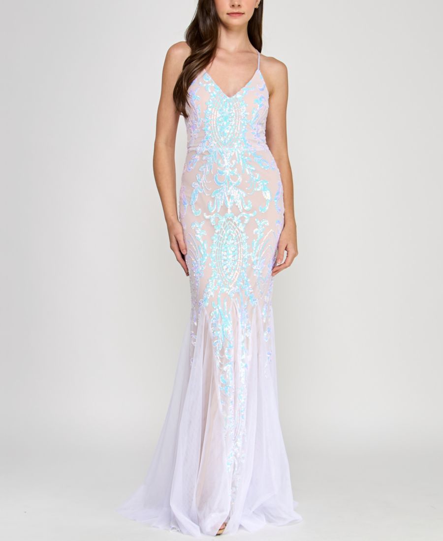 

Платье для юниоров из сетчатой ткани с завязками на спине и пайетками Crystal Doll, Ivory/nude