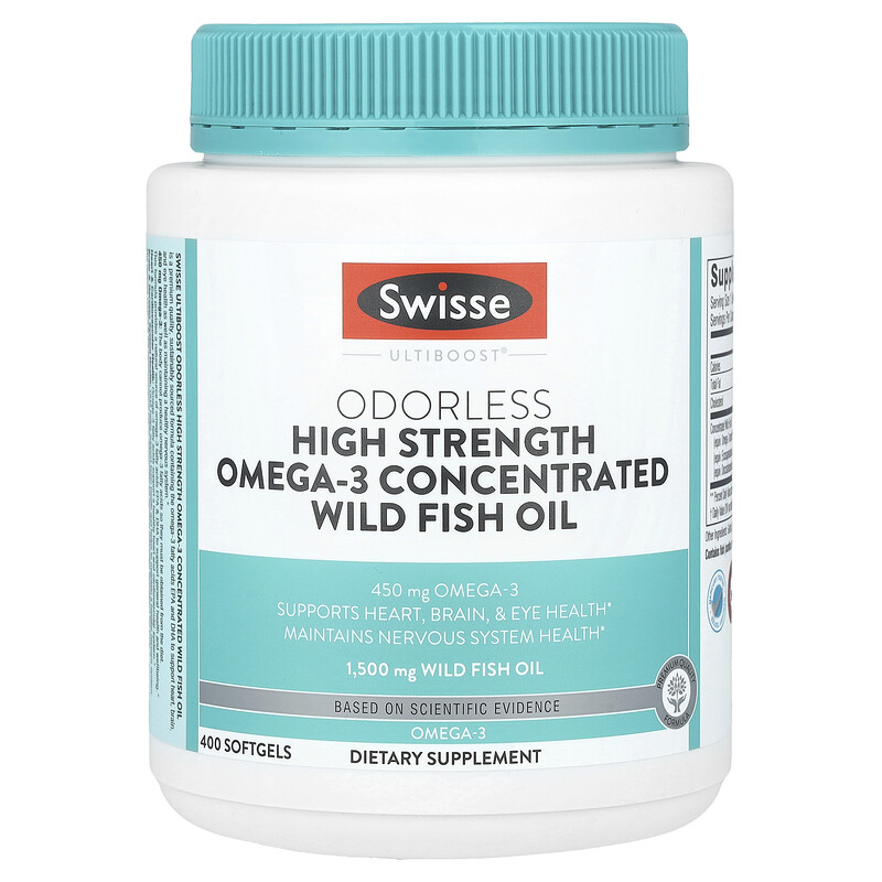 

Swisse, Ultiboost, высокоэффективный концентрированный рыбий жир с омега-3 без запаха, 1500 мг, 400 мягких таблеток