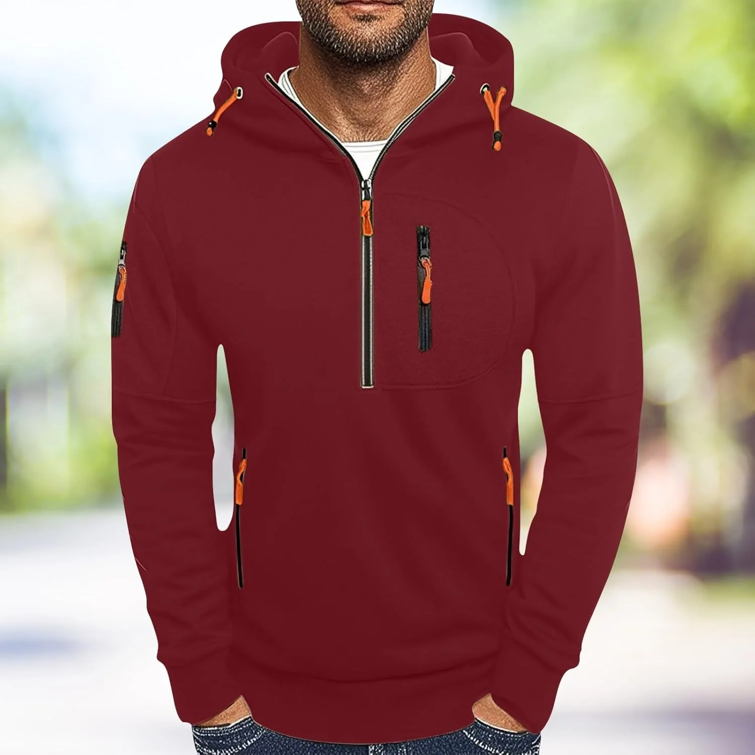 Толстовка с капюшоном Quarter Zip для мужчин, легкая, оверсайз, с карманом — фото 4