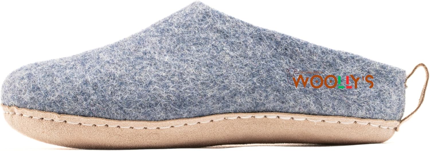 

Домашние тапочки с открытой пяткой Woolly и кожаной подошвой, Премиальная новозеландская шерсть, Ручная работа с итальянским дизайном, Мягкие, дышащие и не имеющие запаха Woolly'S, Denim