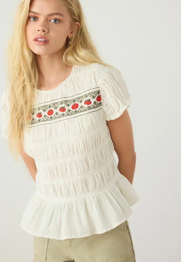Блуза Regular fit, Next, white tomato embroidered, белый томатный с вышивкой