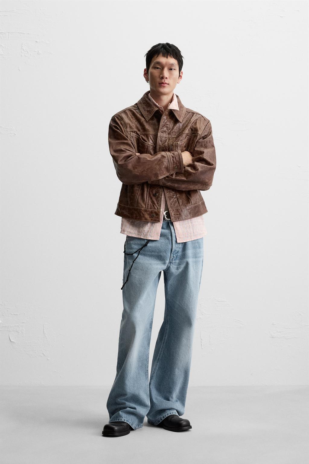 

Застиранная кожаная куртка ZARA, коричневый