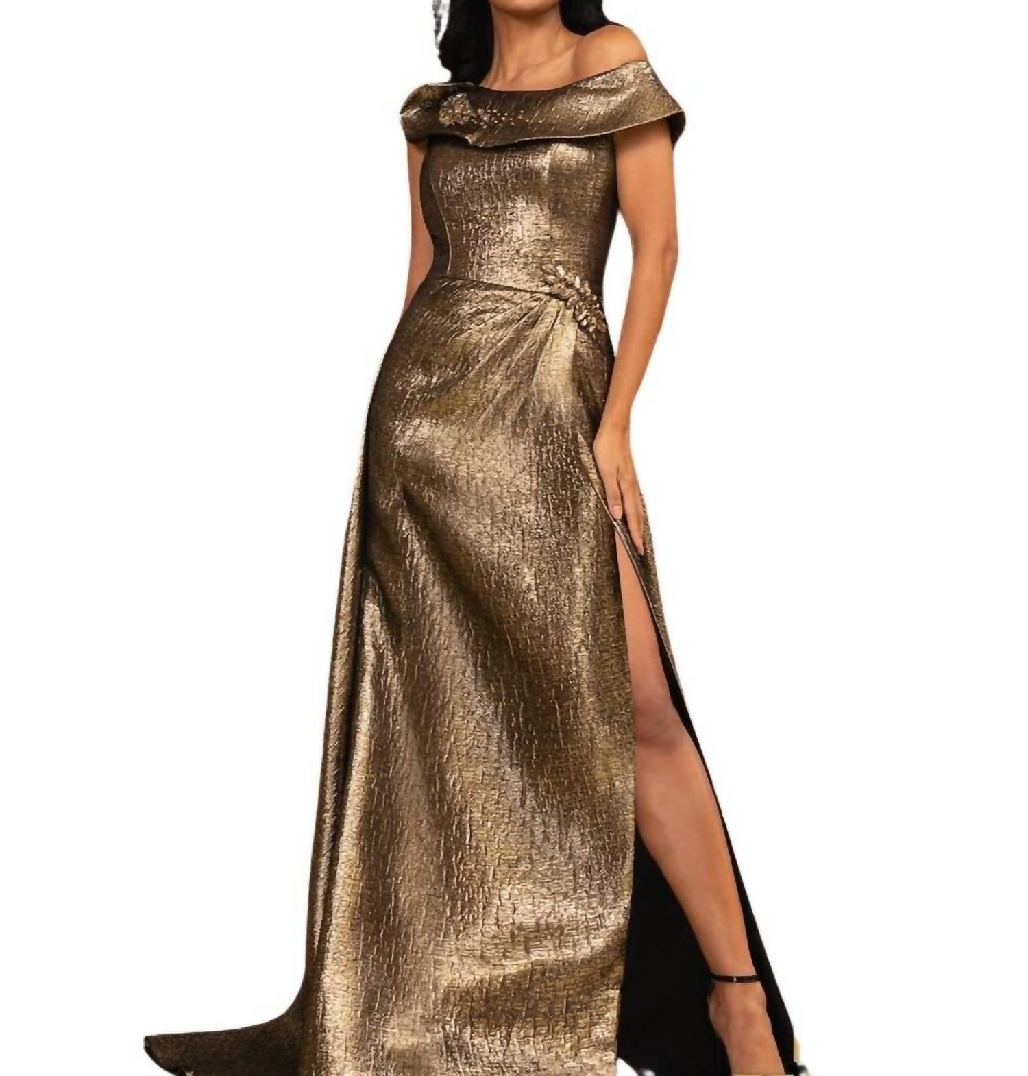 

Бронзовое платье с открытыми плечами Terani Couture, Bronzr