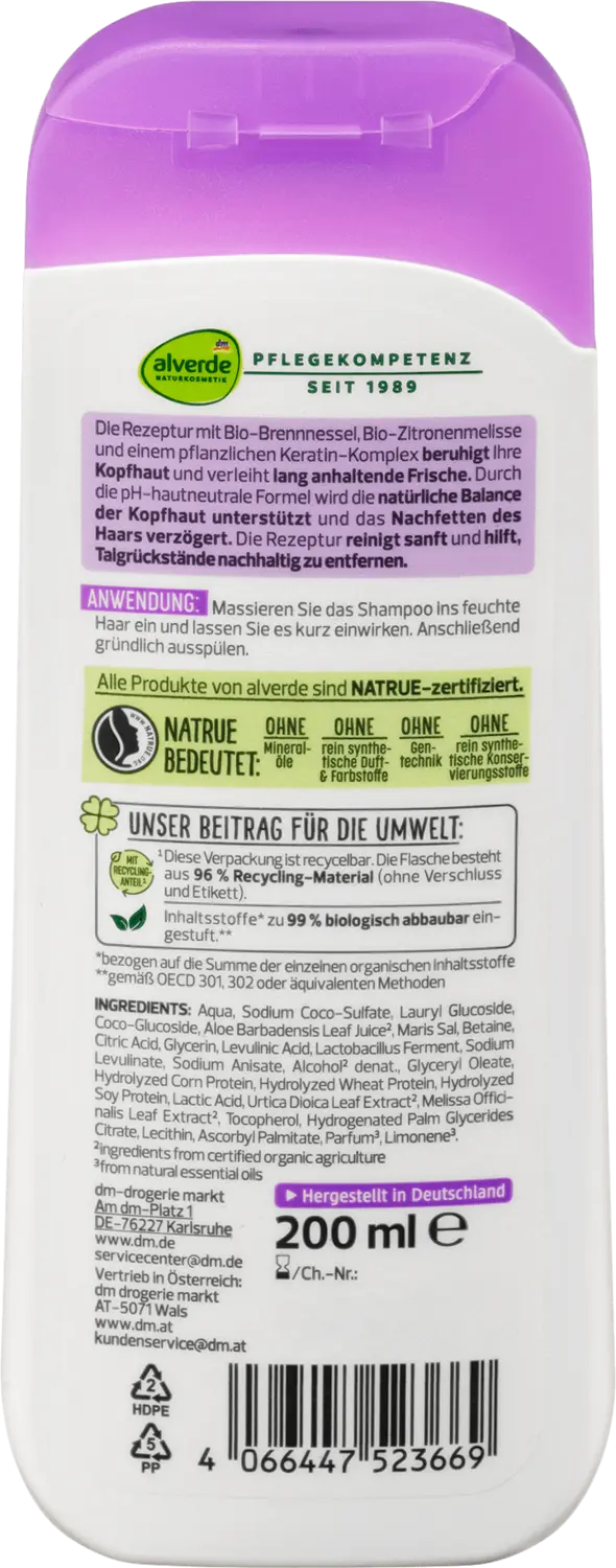 Шампунь alverde NATURKOSMETIK Shampoo Anti Fett Brennnessel, Zitronenmelisse, 200 ml — фото 2