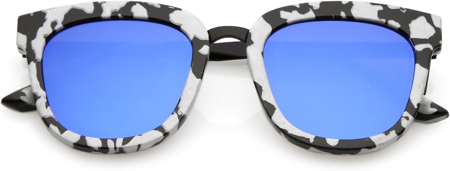 

zeroUV - Солнцезащитные очки с металлической перемычкой с мраморным принтом, цветными зеркальными квадратными плоскими линзами в роговой оправе, 49 мм (черный, белый, черный), Black White Black / Blue Mirror
