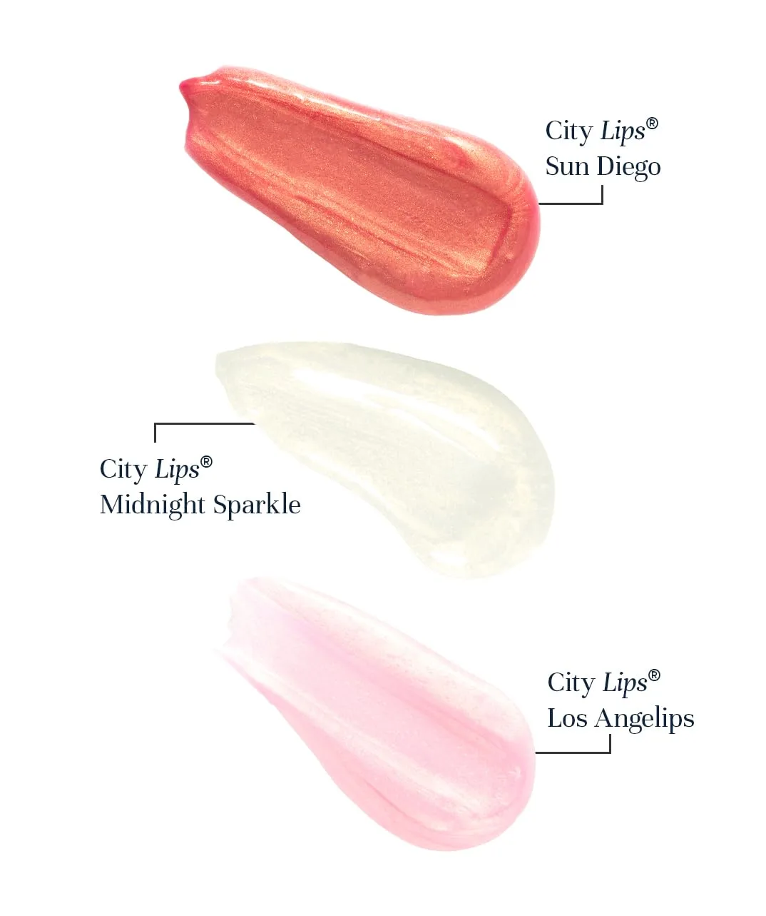 City Beauty City Lips Gold Rush набор - Midnight Sparkle 4,5 г, Sun Diego 4,5 г, Los Angelips 4,5 г - трио блеска для губ с золотым шиммером, гиалуроновой кислотой и пептидами, Pink — фото 2