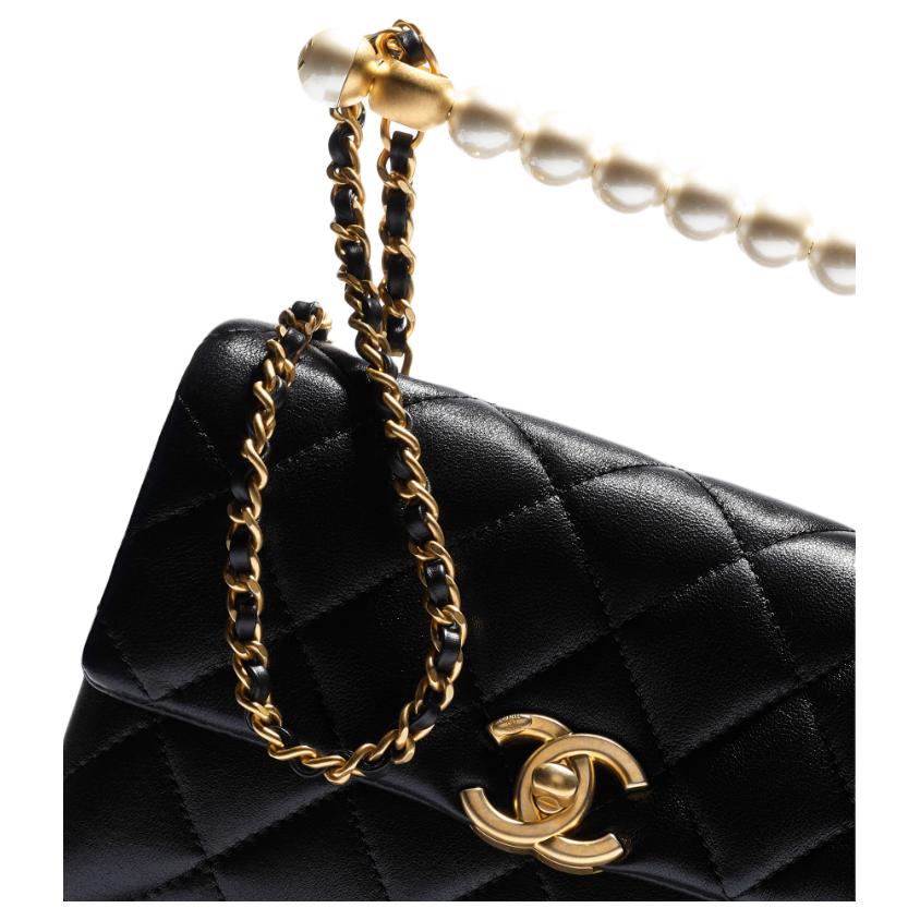 CHANEL Искусственная жемчужная блестящая кожаная сумка через плечо миниатюрная женская черная — фото 4