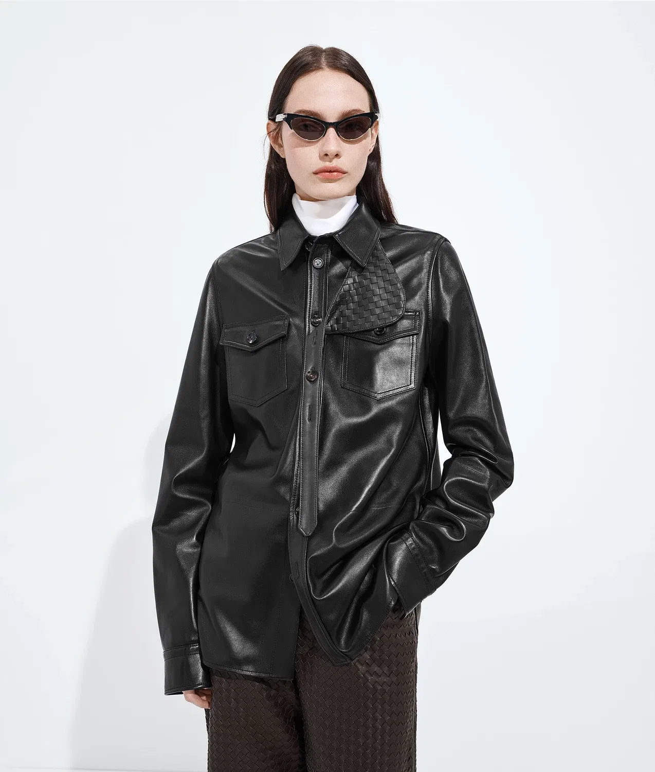 Рубашка из полуглянцевой кожи BOTTEGA VENETA, черный