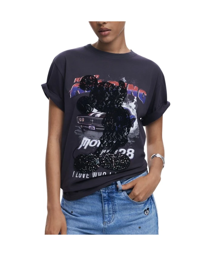 

Черная хлопковая женская футболка Mickey Lace Desigual, черный