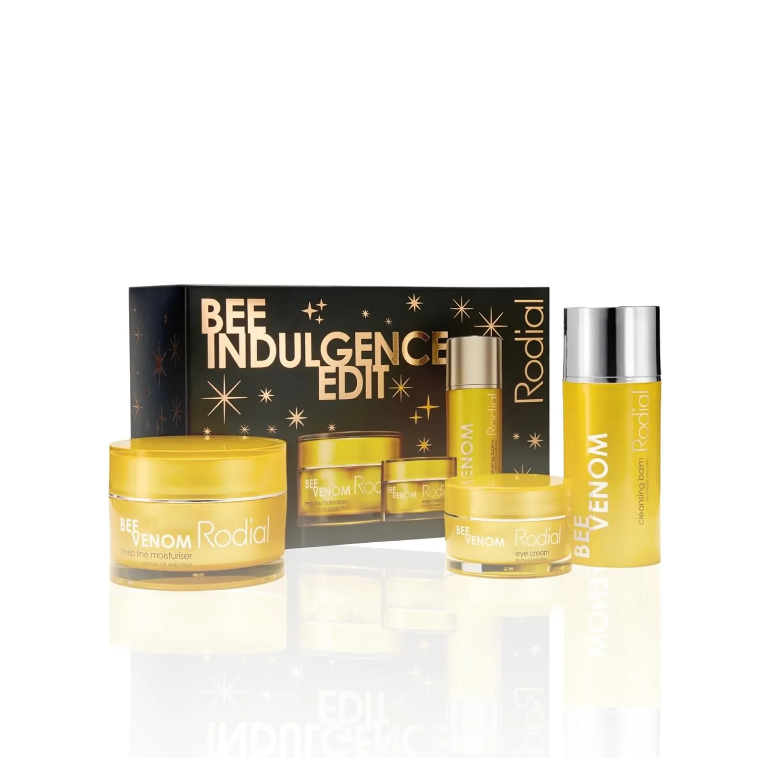 Rodial Bee Indulgence Edit - подарочный набор для ухода за кожей, Bee Venom Collection с очищающим бальзамом 100 мл, кремом для глаз 25 мл и увлажняющим кремом 50 мл - антивозрастной, подтягивающий и осветляющий люксовый трио