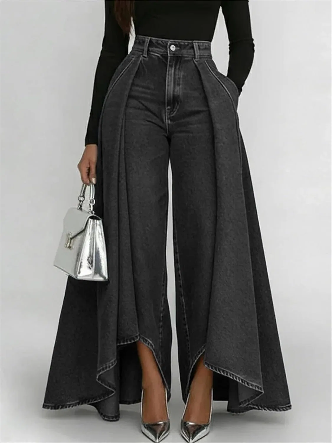 Джинсы свободные Wide Leg, бренд не указан, черный — фото 2
