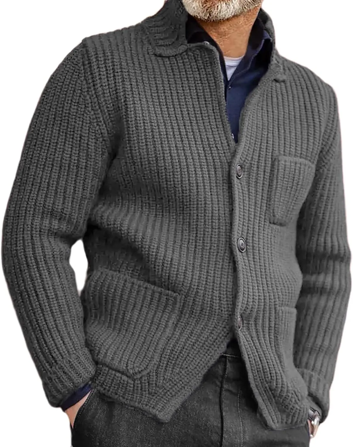 

Мужской кардиган с шалькой воротником, длинный рукав, кабельная вязка