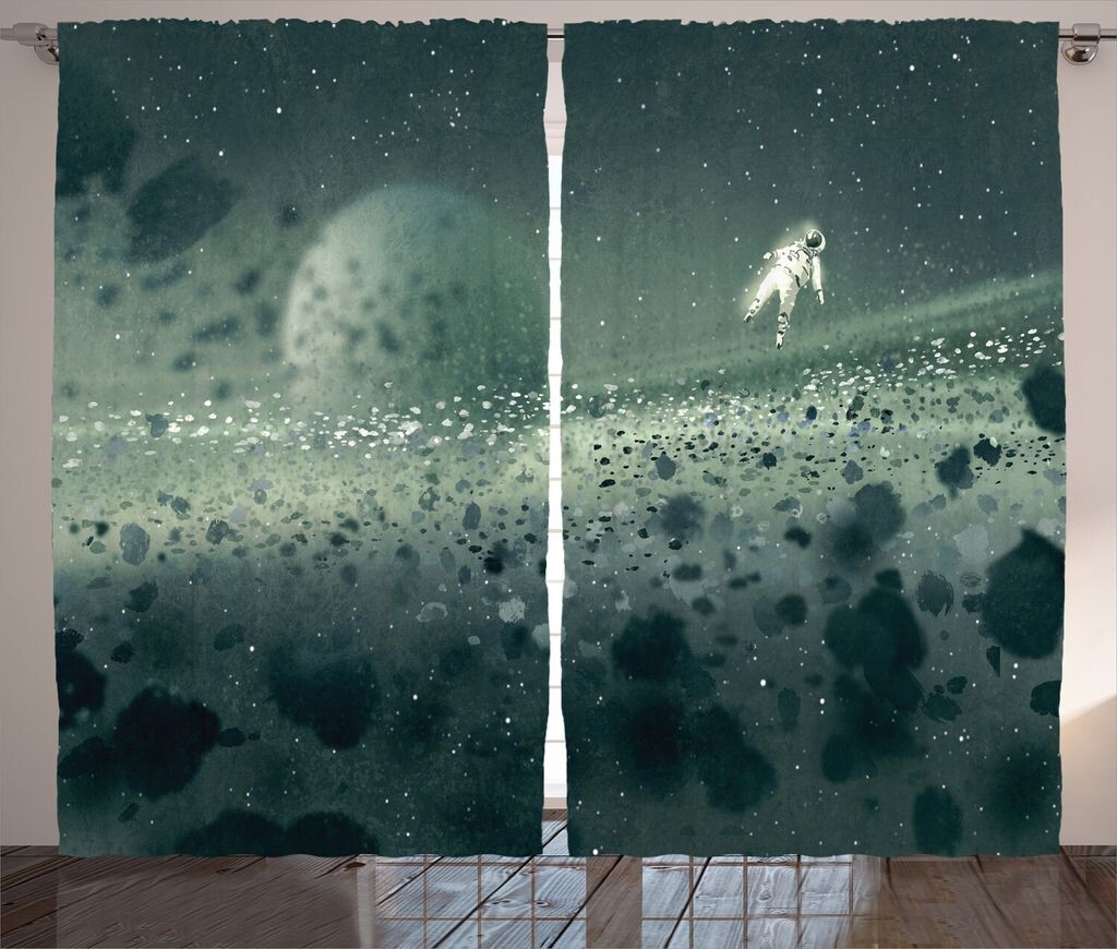 

ABAKUHAUS Space Rustic Curtain, Moon Astronaut, универсальные ленточные шторы для гостиной с петлями и крючками, 280 x 260 см, бело-серый
