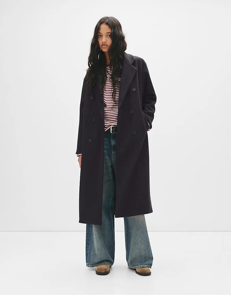 

Длинное двубортное пальто Pull&Bear темно-синего цвета