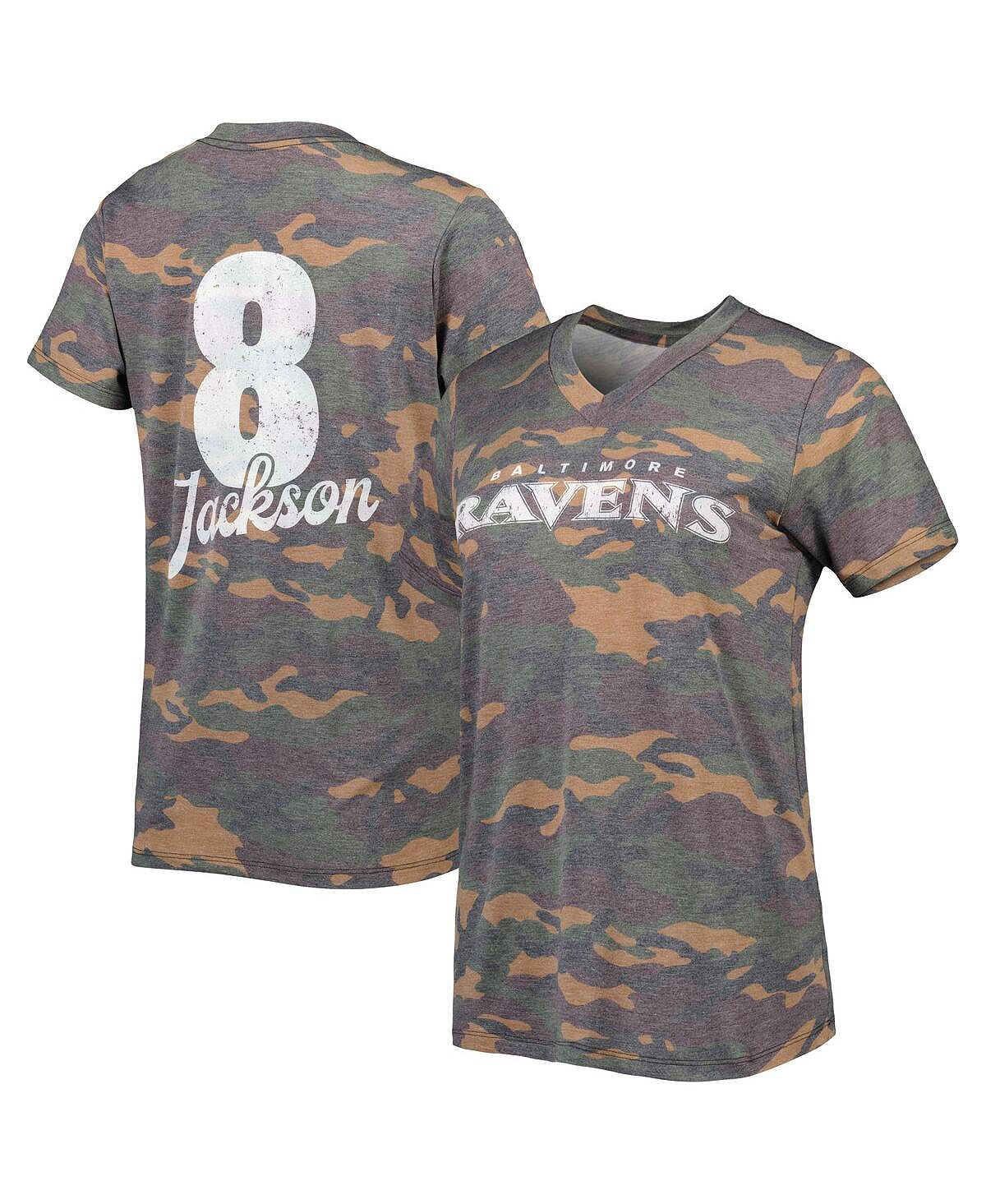 

Женские нитки Lamar Jackson Camo Baltimore Ravens Футболка Tri-Blend с именем и номером и v-образным вырезом Majestic