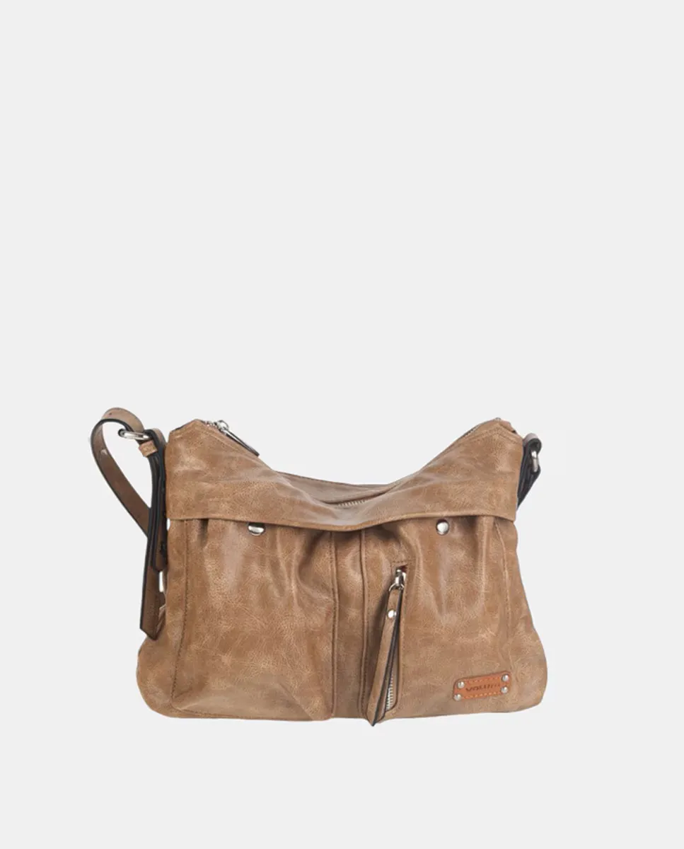

Сумка-кроссбод цвета верблюжьей кожи с эффектом потертости. Удобная модель среднего размера с внешними карманами Volum, коричневый