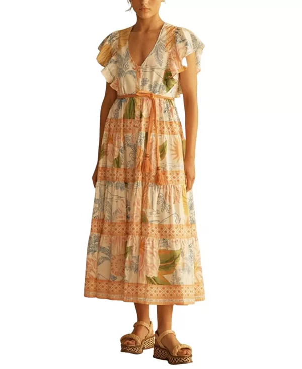 

Платье-Макси Alcio с оборками на рукавах и ярусным кроем Aur Oceà, мультиколор