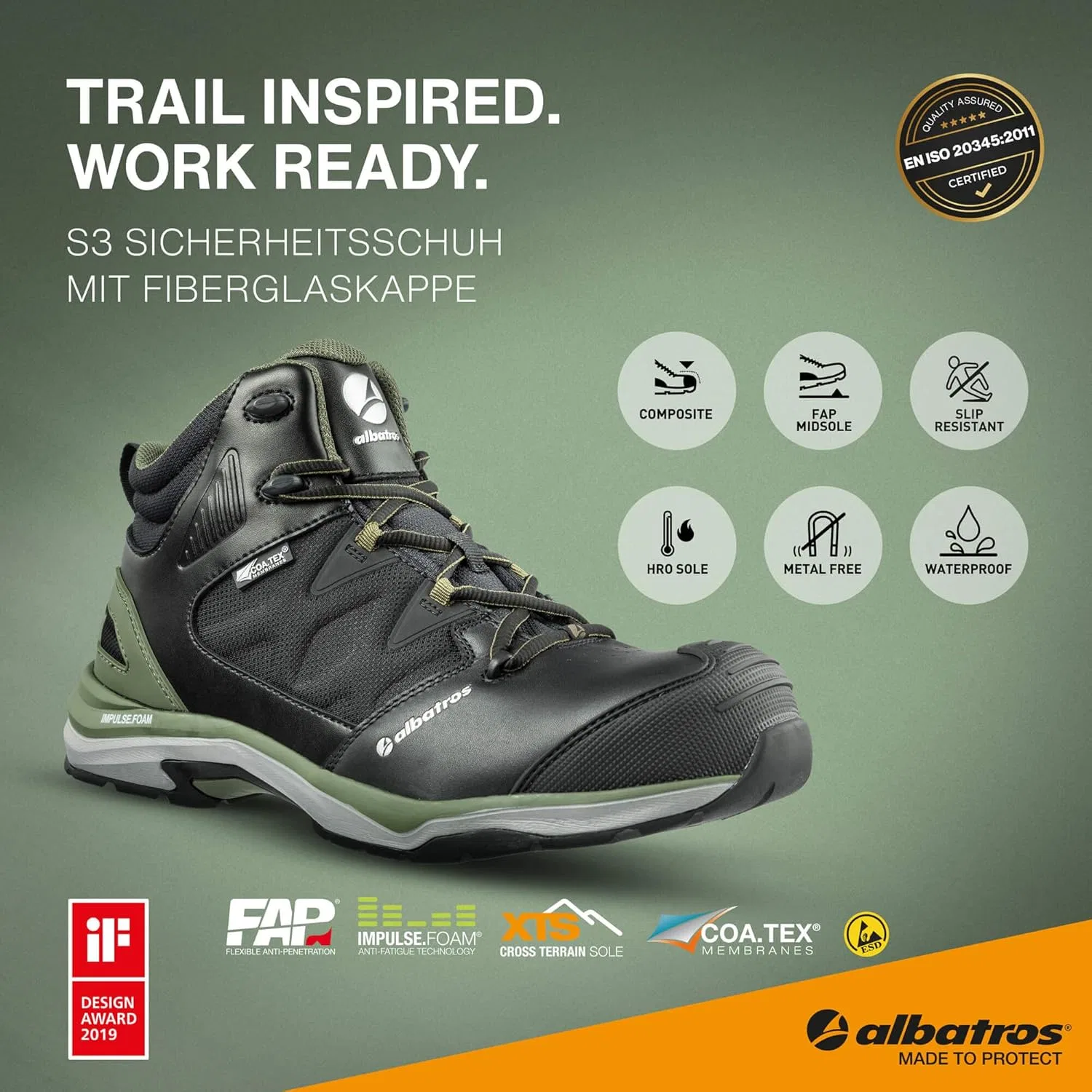 ALBATROS ULTRATRAIL Оливковые рабочие ботинки CTX MID, защитная обувь, защита от электростатического разряда S3 ESD HRO SRC, защита от проникновения электростатического разряда, нескользящая поверхность, термостойкие, без металла, веганские, уни... — фото 3