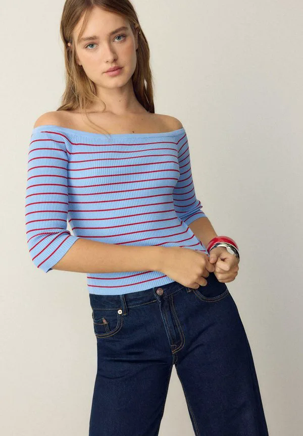 

Приталенная футболка в полоску. Stradivarius, Mottled Royal Blue, Синий, Приталенная футболка в полоску. Stradivarius, Mottled Royal Blue