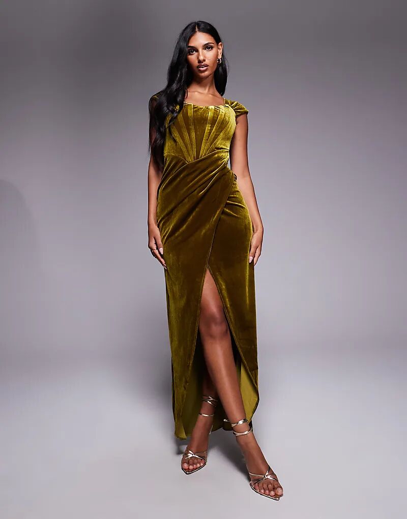 

Платье-макси Goddiva с корсетом из бархата и драпировкой на плечах оливкового цвета