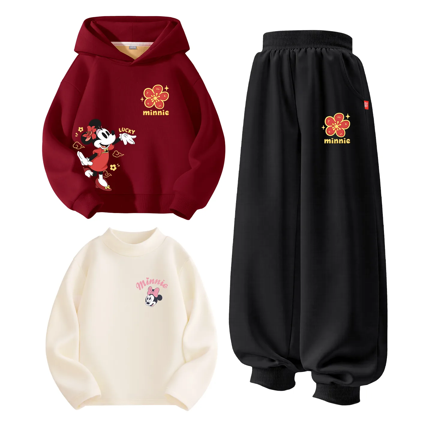 Детская повседневная худи с капюшоном Disney, [Thickened and Fleece-Lined Three-Piece Set]Diyanyeh Starlight K Burgundy+Diyi Starlight K Gray+Diyi Eyelid K Milk White — фото 3