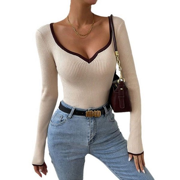 

Женский топ с вырезом sweetheart, цветной блок, длинный рукав, рифленая вязка Yesfashion, Apricot